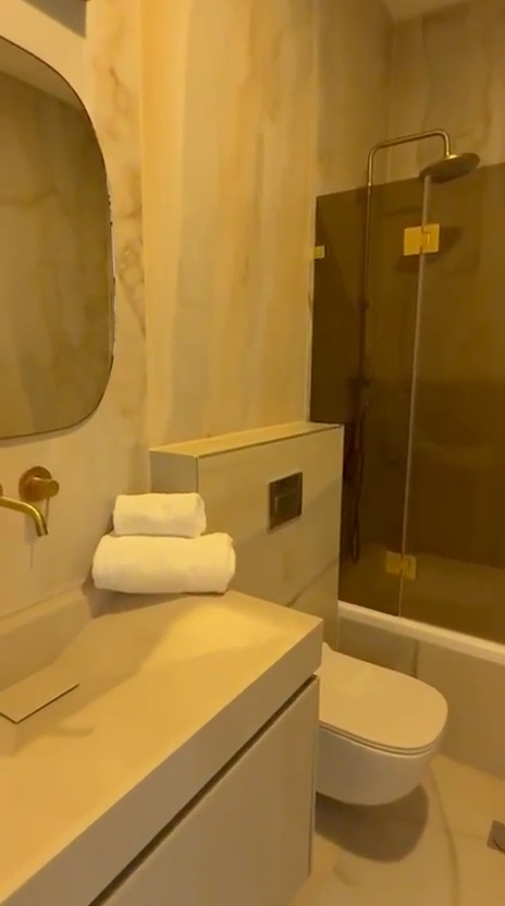 The second bathroom · bathtub and shower; still from the apartment walkthrough